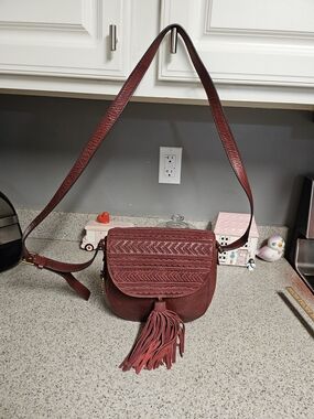 Fossil Burgundy Woven Flap Crossbody with Tassel